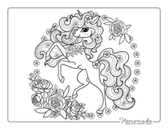 Roses Flowers Flowing Mane Unicorn Kids Coloring Pages Pdf, Free Vectors File
